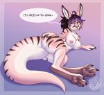 alternate_species anthro black_hair blue_eyes dialogue english_text facial_piercing female fish_(thecatnamedfish) fur hair hi_res kangaroo lying macropod mammal marsupial nipple_piercing nipples nose_piercing nose_ring nude nude_female on_side piercing pink_body pink_fur pouch_(anatomy) ring_piercing solo striped_body striped_fur stripes tail text thecatnamedfish