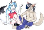  blue_hair canid canine clothed clothing duo female hair hypnosis male mammal mind_control pajamas pawpads pendulum simple_background sitting sue-chan_(artist) topless traditional_media_(artwork) white_background 
