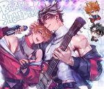  00rux 2boys :d animal_ears bare_shoulders belt biceps black_belt black_gloves black_hair black_jacket blue_eyes blush chain chain_necklace chibi chibi_inset closed_mouth commentary covered_pectorals cross_scar crossed_bangs curtained_hair electric_guitar english_text fingerless_gloves friends genshin_impact gloves grey_eyes grey_vest guitar hair_between_eyes hair_ears hand_on_another&#039;s_head hand_up hands_up head_on_another&#039;s_shoulder head_on_head head_rest head_tilt height_difference holding holding_guitar holding_instrument holding_microphone hoyofair idol index_ring instrument jacket jewelry kemonomimi_mode long_sleeves male_focus microphone midriff_peek multicolored_hair multiple_boys multiple_rings necklace official_alternate_costume open_clothes open_jacket orange_hair pectorals pendant pinky_ring popped_collar puffy_long_sleeves puffy_sleeves punk red_jacket red_shirt ring scar scar_on_arm scar_on_face shiny_skin shirt short_hair side-by-side sidepec sideways_mouth single_off_shoulder sleeveless sleeveless_shirt smile sparkle stage_lights star_(symbol) sweat symbol-only_commentary tartaglia_(genshin_impact) tight_clothes tight_shirt toned toned_male translation_request turtleneck turtleneck_shirt two-sided_fabric two-sided_jacket two-tone_hair upper_body very_short_hair very_sweaty vest white_shirt white_streaks wireless_earphones wriothesley_(galaxy_store)_(genshin_impact) wriothesley_(genshin_impact) zipper 