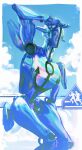  1other anchor_ornament arm_up armor blue_skin blue_sky cloud cloudy_sky colored_skin day diamond_wa_kudakenai higashikata_josuke higashikata_josuke_(jojolion) highres humanoid_robot jojo_no_kimyou_na_bouken jojo_pose jojolion no_humans robot shoulder_armor sign sky soft_&amp;_wet solo stand_(jojo) uu0000322 
