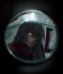  1boy blood blood_splatter evil_smile heterochromia highres jujutsu_kaisen long_hair looking_at_viewer mahii_mahii mahito_(jujutsu_kaisen) male_focus open_door peephole pov_peephole smile solo stitched_face stitches teeth upper_teeth_only white_eyes 