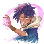  1boy blue_hair blue_hoodie cai_(fire_emblem) commentary dark-skinned_male dark_skin english_commentary fire_emblem fire_emblem:_fortune's_weave glowing glowing_hand halapokok highres hood hood_down hoodie male_focus open_mouth simple_background solo tongue two-tone_hoodie white_background white_hoodie yellow_eyes 