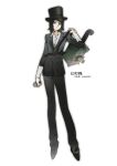  1girl absurdres amanda_gaddis black_hair black_hat black_pants black_shoes blue_eyes face_piercing full_body hat highres holding identity_v looking_at_viewer medium_hair mole pants piercing shirt shoes suit top_hat white_background white_shirt white_sleeve_cuffs xinjinjumin0660559 