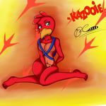  avian backpack banjo-kazooie bird breasts covering covering_self female kazooie looking_at_viewer nude sitting solo track_marks unknown_artist video_games 