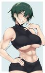  1girl abs armpit_crease bare_shoulders black_shorts black_tank_top blush border breasts commentary covered_collarbone cowboy_shot cropped_shirt english_commentary eyelashes eyeshadow finger_to_eye fingernails green_eyes green_hair grey_background hair_between_eyes hand_on_own_hip hand_up head_tilt highres jujutsu_kaisen large_breasts looking_at_viewer makeup midriff muscular muscular_female navel nose oomartm outside_border short_hair shorts simple_background smile solo tank_top teeth twitter_username underboob variant_set white_border zen'in_maki 
