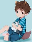  2019 animal_humanoid blue_background brown_hair canid canid_humanoid canine canine_humanoid child clothed clothing fox_humanoid hair heterochromia humanoid legwear male mammal overalls pacifier plushie simple_background sitting socks solo thebrushking young 