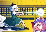  2girls black_hairband blue_hat blush bright_pupils brown_shoes building commentary dragon_ball frilled_skirt frills gram_9 green_skirt green_vest grey_hair hairband hat highres hitodama kamehameha_(dragon_ball) konpaku_youmu konpaku_youmu_(ghost) mob_cap multiple_girls open_mouth parody pink_hair puffy_short_sleeves puffy_sleeves red_eyes saigyouji_yuyuko shirt shoes short_sleeves skirt skirt_set socks touhou triangular_headpiece vest white_pupils white_shirt white_socks 