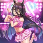  1girl ahoge animal_ears bare_shoulders belt clothing_cutout cropped_jacket ear_ornament ear_tag earrings frilled_cuffs hair_between_eyes hands_up horse_ears horse_girl horse_pose horse_tail jacket jewelry layered_skirt long_bangs long_hair long_hair_between_eyes looking_at_viewer manhattan_cafe_(umamusume) multicolored_hair navel okasa_re_taii open_mouth pink_belt pink_jacket pink_shirt pink_skirt plaid_clothes plaid_skirt shirt shoulder_cutout single_earring skirt sleeveless sleeveless_jacket smile solo tail umamusume umapyoi_densetsu very_long_hair white_hair wrist_cuffs 