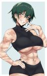  1girl abs armpit_crease bare_shoulders black_shorts black_tank_top blush border breasts burn_scar commentary covered_collarbone cowboy_shot cropped_shirt english_commentary eyelashes eyeshadow finger_to_eye fingernails green_eyes green_hair grey_background hair_between_eyes hand_on_own_hip hand_up head_tilt highres jujutsu_kaisen large_breasts looking_at_viewer makeup midriff muscular muscular_female navel nose oomartm outside_border scar scar_on_arm scar_on_breasts scar_on_cheek scar_on_ear scar_on_face scar_on_hand scar_on_neck scar_on_shoulder scar_on_stomach scar_on_thighs short_hair shorts simple_background smile solo tank_top teeth twitter_username underboob variant_set white_border zen'in_maki 