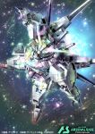  commentary commentary_request exhaust glowing glowing_eyes green_eyes gundam gundam_arsenal_base gundam_calibarn gundam_suisei_no_majo light_particles mecha no_humans official_art robot science_fiction soezy solo thrusters v-fin 