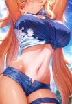  1girl armpits arms_up breasts denim denim_shorts earphones highres long_hair m-da_s-tarou navel one-piece_tan original shirt shorts tan tanlines thigh_strap tied_shirt twintails 