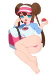  1girl bag barefoot blue_eyes breasts brown_hair donut_hair_bun double_bun full_body hair_bun hat highres holding holding_poke_ball long_hair looking_at_viewer monster_l_(hochihochiha) open_mouth panties pink_panties poke_ball poke_ball_(basic) pokemon pokemon_bw2 raglan_sleeves rosa_(pokemon) shirt simple_background solo twintails underwear visor_cap white_background 