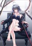  1girl absurdres ahoge alternate_costume barefoot black_bra black_panties blush bra chair commentary_request fate/grand_order fate_(series) fingernails flag grey_hair highres indoors jacket jeanne_d'arc_alter_(fate) miying_(13975192760) open_clothes open_jacket panties purple_nails short_hair sitting solo sword toenails toes underwear weapon white_flag yellow_eyes 