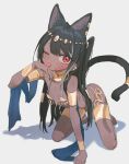  1girl ancient_egyptian ancient_egyptian_clothes animal_ear_fluff animal_ears black_hair bracelet cat_ears cat_girl cat_tail dark-skinned_female dark_skin gold_anklet gold_armlet gold_bracelet gold_collar gold_jewelry gold_thighlet highres if_you_want_to_become_a_godly_artist_(trend) jewelry kurobeko_(kur0bek0) long_hair open_mouth original pelvic_curtain red_eyes simple_background sling_bikini_top solo tail usekh_collar white_loincloth white_pelvic_curtain 