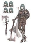  1girl absurdres armor armored_boots armored_gloves axe bangs belt belt_buckle bird bird_request boots breasts buckle cape character_sheet closed_mouth expressions full_body greaves green_eyes green_hair highres holding holding_weapon jun_(seojh1029) leather leather_pants looking_at_viewer medium_breasts multiple_views original pants pauldrons simple_background smile solo standing strap studded_belt vambraces weapon white_background white_cape 