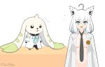  1girl artist_name black_necktie blue_eyes bottomless breasts coat cosplay costume_switch digimon digimon_(creature) highres hololive horns lab_coat long_hair maho_malice naked_coat necktie no_shirt shirakami_fubuki shirakami_fubuki_(1st_costume) shirakami_fubuki_(cosplay) simple_background single_horn standing terriermon_joshu terriermon_joshu_(cosplay) upper_body virtual_youtuber white_background white_hair 