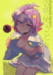  1girl ahoge bent_over breasts carte colored_inner_hair commentary_request eyeball eyelashes eyeshadow feet_out_of_frame fingernails flashing floral_print frilled_shirt_collar frills grin hair_between_eyes hair_ornament half-closed_eyes heart heart_hair_ornament highres komeiji_satori legs_together long_sleeves looking_at_viewer makeup medium_breasts mole mole_on_breast multicolored_hair naughty_face navel open_clothes open_shirt parted_bangs partially_unbuttoned petticoat pink_eyeshadow pink_skirt puffy_nipples purple_eyes purple_hair red_hair short_hair simple_background skirt smile solo star_(symbol) stenciled_rose sweat third_eye touhou wide_sleeves yellow_background 