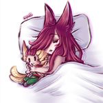  &lt;3 animal_humanoid avian avian_humanoid bed blonde_hair clothed clothing eyes_closed facial_markings feathers hair hi_res human humanoid league_of_legends long_ears lying mammal markings multicolored_hair nyami_(artist) on_bed pillow plushie rakan_(lol) red_hair riot_games simple_background sleeping solo under_covers vastaya video_games white_background wings xayah_(lol) yellow_feathers 