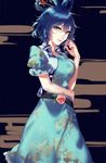  belt blue_dress blue_eyes blue_hair breasts closed_mouth commentary_request dress eyebrows_visible_through_hair flower frills hair_ornament hair_rings hair_stick highres hug_(yourhug) kaku_seiga looking_at_viewer medium_breasts puffy_sleeves short_hair short_sleeves simple_background smile solo standing touhou vest 