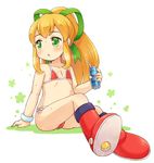  :o bangs bikini blonde_hair blush boots breasts can chestnut_mouth cleavage collarbone drinking_straw energy_tank flat_chest flower full_body green_eyes green_ribbon hair_ribbon hand_rest holding holding_can knee_boots long_hair looking_to_the_side micro_bikini mizuno_mumomo on_floor open_mouth ponytail red_bikini red_footwear ribbon rockman rockman_(classic) roll scrunchie side-tie_bikini sidelocks sitting soles solo sweat swimsuit thighs white_background wrist_scrunchie 