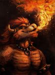  2017 anthro armlet beard biped black_background bowser bust_portrait cheek_tuft collar eyebrows facial_hair fire fire_breathing front_view hair horn kenket koopa long_hair male mario_bros nintendo nude orange_hair painting_(artwork) portrait scalie simple_background snout solo spiked_armlet spiked_collar spikes traditional_media_(artwork) tuft url video_games yellow_eyes 