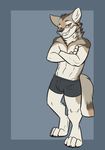  2017 4_toes anthro barefoot black_claws boxers_(clothing) brown_fur brown_tail bulge canine casparr claws clothed clothing crossed_arms digital_media_(artwork) digitigrade front_view fur grey_background grey_bottomwear grey_clothing grey_fur grey_nose grey_tail grey_underwear grin looking_at_viewer major_wolf male mammal multicolored_fur multicolored_tail neck_tuft simple_background smile solo standing tan_fur tan_tail teeth timber_wolf toe_claws toes topless tuft underwear white_fur white_tail wolf yellow_eyes 