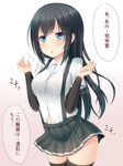  alternate_breast_size arm_warmers asashio_(kantai_collection) black_hair black_legwear blue_eyes breasts commentary_request hanazome_dotera kantai_collection long_hair medium_breasts miniskirt navel pleated_skirt shirt short_sleeves skirt solo suspenders thighhighs translated white_shirt 
