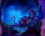  anthro breasts clothed clothing digital_media_(artwork) digitigrade dragon female horn lying membranous_wings purple_eyes ridged_horn selianth smile wings 