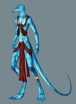  4_toes 5_fingers alien anthro blue_eyes blue_skin charlottechambers clothed clothing digitigrade simple_background solo standing toes 