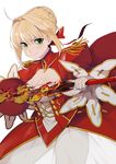  &gt;:) aestus_estus ahoge blonde_hair breasts cleavage commentary_request dress epaulettes fate/extra fate_(series) fire green_eyes hair_bun hair_intakes hair_ribbon highres holding holding_sword holding_weapon large_breasts leotard looking_at_viewer nero_claudius_(fate) nero_claudius_(fate)_(all) pinch_(nesume) red_dress ribbon see-through simple_background smile solo sword v-shaped_eyebrows weapon white_background 