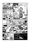  ahoge bangs bike_shorts breasts chi-class_torpedo_cruiser comic explosion fairy_(kantai_collection) firing gloves greyscale hair_ribbon hat highres holding i-class_destroyer kagerou_(kantai_collection) kantai_collection leaning_forward light_frown long_hair looking_afar machinery mast minigirl monochrome monsuu_(hoffman) multiple_girls neck_ribbon neckerchief oboro_(kantai_collection) ocean on_shoulder outdoors outstretched_leg pocket ribbon school_uniform serafuku shinkaisei-kan short_hair short_sleeves shorts shorts_under_skirt small_breasts smokestack speech_bubble spoken_squiggle squiggle telescope thigh_strap torpedo translation_request turret twintails vest waves 