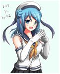  :d artist_name bare_shoulders black_skirt blue_background blue_eyes blue_hair blush collarbone dated double_bun elbow_gloves eyebrows_visible_through_hair gloves h2_(h20000000) hat hat_ribbon highres interlocked_fingers kantai_collection long_hair looking_at_viewer md5_mismatch midriff_peek neckerchief open_mouth outline pleated_skirt ribbon sailor_collar sailor_hat school_uniform serafuku simple_background skirt sleeves_rolled_up smile solo urakaze_(kantai_collection) white_gloves white_hat white_outline yellow_neckwear 