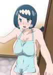  1girl apron blue_eyes blue_hair breasts collarbone erect_nipples heavy_breathing highres large_breasts mature milf naked_apron overalls pokemon pokemon_(anime) pokemon_sm_(anime) ponytail pussy_juice solo suiren&#039;s_mother_(pokemon) 