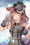  2017 ;d animal_ears armlet artist_name bangs bare_arms bare_shoulders black_bow blurry blurry_background bow breasts brown_hair cat_ears cat_tail dated earrings eyebrows_visible_through_hair fang final_fantasy final_fantasy_xiv flower frilled_gloves frills gloves grey_gloves grey_rose hand_on_own_chest hat hat_flower highres idol jewelry long_hair medium_breasts mini_hat mini_top_hat miqo'te momoko_(momopoco) one_eye_closed open_mouth purple_eyes revision signature slit_pupils smile solo spread_fingers tail top_hat 