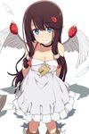  blue_eyes brown_hair feathers hair_ornament long_hair looking_at_viewer ogipote sekiyu-chan_(yome) shadow simple_background smile solo white_background wings 