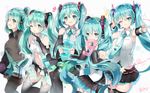  5girls :d ;) aqua_eyes aqua_hair black_legwear black_skirt blue_neckwear blush breasts closed_mouth fang hand_on_headphones hatsune_miku hatsune_miku_(append) hatsune_miku_(vocaloid3) hatsune_miku_(vocaloid4) headphones highres jpeg_artifacts k.syo.e+ long_hair looking_at_viewer medium_breasts multiple_girls multiple_persona navel necktie one_eye_closed open_mouth ponytail revision signature skirt small_breasts smile thighhighs twintails v4x vocaloid vocaloid_append 