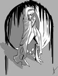 3_toes ambiguous_gender back_toe cloak clothing double_zr_tap dragon grey_background lok_(double_zr_tap) monochrome mostly_nude simple_background solo toes torn_clothing 