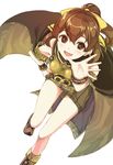  bare_shoulders blush boots bow bracelet breastplate brown_eyes brown_hair cape dyute_(fire_emblem) fang fire_emblem fire_emblem_echoes:_mou_hitori_no_eiyuuou highres jewelry kazakami_73 long_hair open_mouth ponytail simple_background solo white_background 