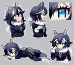  animal_ears bad_id bad_pixiv_id black_hair blue_eyes breast_pocket breasts fur_collar gloves gokuaku_miya grey_background grey_wolf_(kemono_friends) heterochromia kemono_friends large_breasts long_hair long_sleeves looking_at_viewer multicolored_hair necktie open_mouth pencil pocket simple_background skirt sleeping solo tail trembling two-tone_hair wolf_ears wolf_tail yellow_eyes 