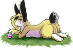  2017 anus big_ears blue_eyes blush butt digital_media_(artwork) easter_egg egg female feral fluffy fur hair horny_(disambiguation) lagomorph looking_at_viewer mammal presenting presenting_pussy pussy rabbit shade shadeshifter. simple_background smile solo wet yellow_fur 