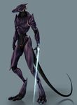  4_toes alien armor blue_eyes charlottechambers digitigrade male simple_background solo standing toes 