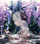  blue_fire bow eyebrows_visible_through_hair fire flower from_side fujiwara_no_mokou hair_bow highres long_hair looking_away mokoiscat partially_submerged petals profile red_bow red_eyes solo touhou water white_bow white_hair wisteria 