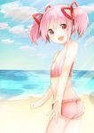  aabtcndneefkg beach bikini blush cloud day hair_ribbon kaname_madoka looking_at_viewer mahou_shoujo_madoka_magica ocean open_mouth outdoors pink_eyes pink_hair ribbon sand short_twintails sky smile solo swimsuit twintails 
