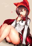  animal_hood apple ass bare_legs blouse breasts brooch brown_hair cape food fruit heart highres hood houdukixx imaizumi_kagerou jewelry little_red_riding_hood_(grimm) long_hair looking_at_viewer medium_breasts miniskirt red_eyes red_skirt sidelocks sitting skirt solo tail touhou white_blouse wolf_tail 