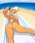  anthro beach blonde_hair butt female fur green_eyes hair lagomorph lola_bunny looking_at_viewer looking_back looney_tunes lying mammal outside rabbit sand saran-rape sea seaside simple_background sky smile solo teeth warner_brothers water 