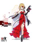  ankle_boots artist_request black_footwear black_gloves blonde_hair blue_eyes boots bow breasts choker cleavage dress elbow_gloves eyepatch flower_eyepatch girls_frontline gloves gun hair_between_eyes highres jacket_on_shoulders long_hair looking_at_viewer low_ponytail official_art petals red_dress rose_petals small_breasts smile solo strapless strapless_dress submachine_gun thigh_strap trigger_discipline vz.61_(girls_frontline) weapon 