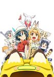  6+girls :d animal_ears arm_up black-tailed_prairie_dog_(kemono_friends) black_hair black_legwear blonde_hair bow bowtie brown_hair cat_ears closed_eyes commentary_request common_raccoon_(kemono_friends) elbow_gloves eyebrows_visible_through_hair fennec_(kemono_friends) fox_ears fur_collar gloves grey_hair hat hat_feather head_wings helmet japanese_crested_ibis_(kemono_friends) japari_bus kaban_(kemono_friends) kemono_friends looking_at_another multicolored_hair multiple_girls open_mouth otter_ears pith_helmet prairie_dog_ears raccoon_ears raccoon_tail red_hair red_shirt sand_cat_(kemono_friends) serval_(kemono_friends) serval_ears serval_print serval_tail shirt short_hair sidelocks simple_background sitting small-clawed_otter_(kemono_friends) smile tail tomato_(lsj44867) v v-shaped_eyebrows white_background white_hair white_legwear 
