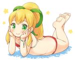  ass bangs barefoot bikini blonde_hair blush bracelet breasts butt_crack cleavage closed_mouth collarbone elbow_rest feet feet_up flat_chest full_body green_eyes green_ribbon hair_ribbon hands_on_own_cheeks hands_on_own_face jewelry long_hair looking_at_viewer lying mizuno_mumomo on_floor on_stomach ponytail red_bikini ribbon rockman rockman_(classic) roll sidelocks smile soles solo star swimsuit the_pose toes white_background 