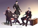  bad_id bad_pixiv_id belt black_bow black_hair black_neckwear black_pants black_suit bow bowtie brown_hair chair closed_umbrella formal haikyuu!! iwaizumi_hajime luggage male_focus multiple_boys necktie oikawa_tooru_(haikyuu!!) pants shadow shenteita silver_hair sitting standing sugawara_koushi suit twitter_username umbrella watch 