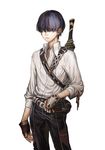  belt closed_mouth collared_shirt commentary_request contrapposto earrings fingerless_gloves gloves grey_hair highres jewelry jun_(seojh1029) light_frown looking_at_viewer male_focus pants purple_eyes shirt simple_background solo standing sword weapon white_background white_shirt 